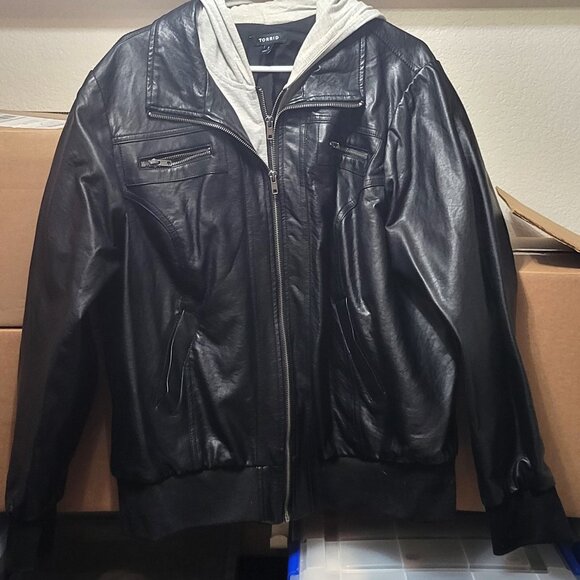 Faux Leather Motto Jacket with Grey Hoodie Inset - Picture 1 of 2
